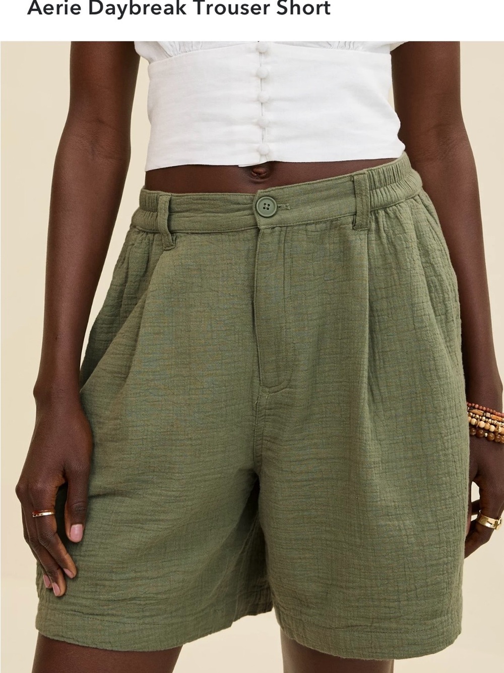 Aerie Day breaker Light Olive Green Women's Relaxed Cotton Shorts - Picture 4 of 5